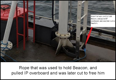 Rope that was used to hold Beacon, and pulled IP overboard and was later cut to free him