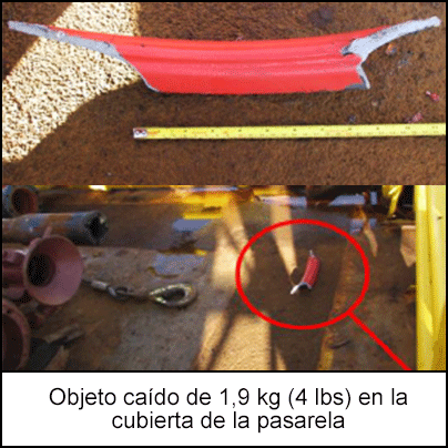 Objeto caído de 1,9 kg (4 lbs) en la cubierta de la pasarela