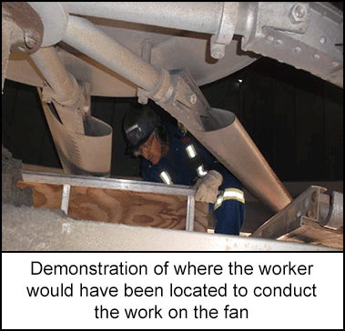 Demonstration of where the worker would have been located to conduct the work on the fan
