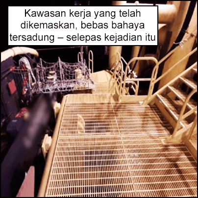 Kawasan kerja yang telah dikemaskan. Hos telah dialihkan dan tangga telah dikosongkan.