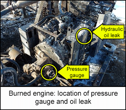 Burned engine: location of pressure gauge and oil leak  