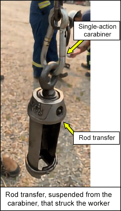 Rod transfer, suspended from the carabiner, that struck the worker