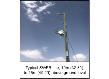 Typical SWER line, 10m (32.8ft) to 15m (49.2ft) above ground level