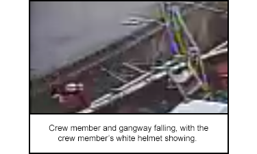 Crew member and gangway falling, with the crew member’s white helmet showing.