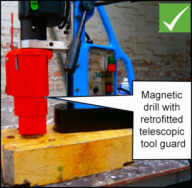 Magnetic drill with retrofitted telescopic tool guard 