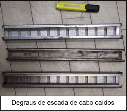 Degraus de escada de cabo caídos