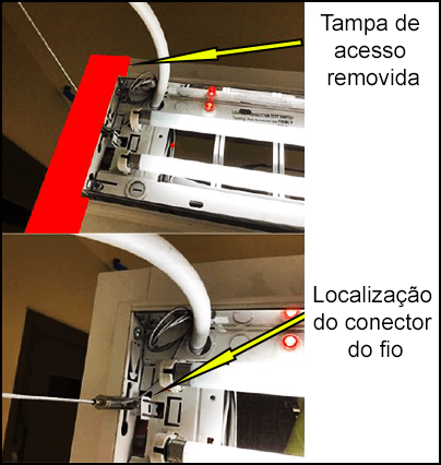 Tampa de acesso removida e Localização do conector do fio