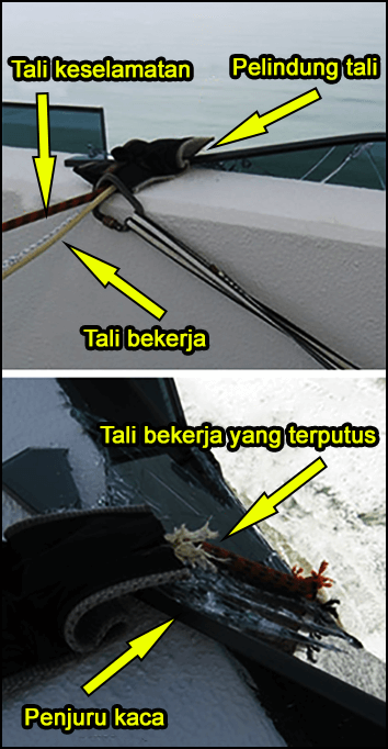 Gambar tali bekerja dan tali keselamatan yang terputus