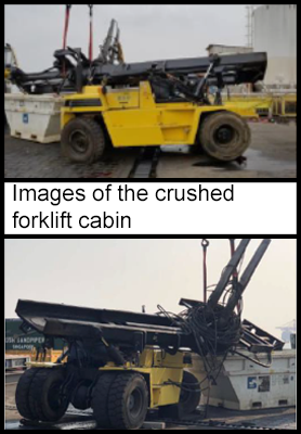 The forklift with significant damage to the cabin 