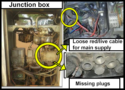 The inside of a junction box with a loose live cable for main supply and missing plugs