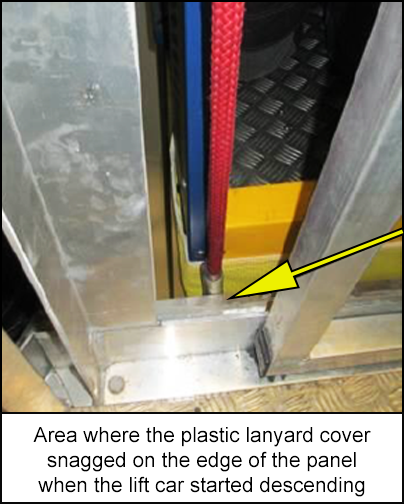 Area where the plastic lanyard cover snagged on the edge of the panel when the lift car started descending