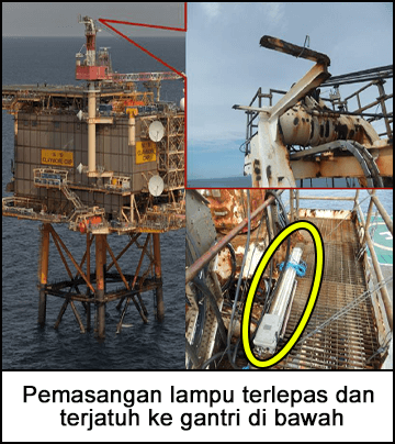 Pemasangan lampu terlepas dan terjatuh ke gantri di bawah