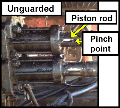 The unguarded blow out preventer.  An arrow on the right showing the location of the piston rod cylinder where the incident happened. 