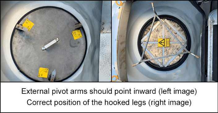 Proper alignment configuration where hub hatches are correctly positioned and locked during maintenance tasks.