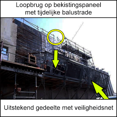 Loopbrug op bekistingspaneel met tijdelijke balustrade. Uitstekend gedeelte met veiligheidsnet.