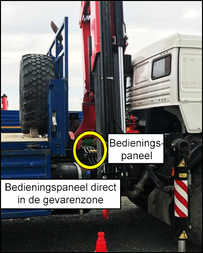 Afbeelding van een voertuigkraan met het bedieningspaneel aan de passagierszijde direct in de gevarenzone