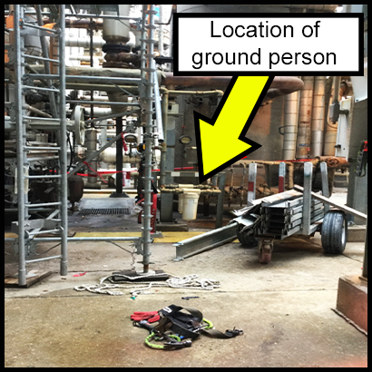 The 6 foot wooden board at the bottom of the scaffolding. An arrow next to the board showing the location of the ground person. 