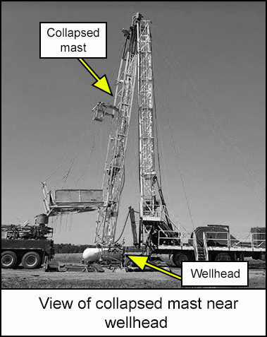  View of collapsed mast near wellhead 