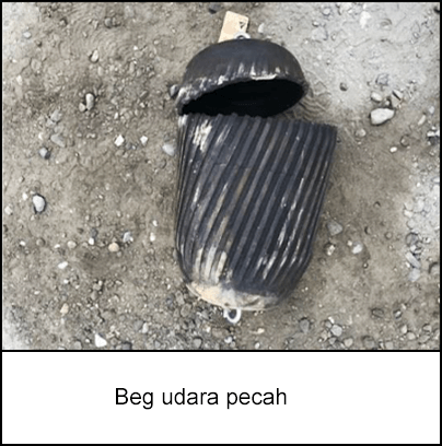 Beg udara pecah dengan koyakan yang besar