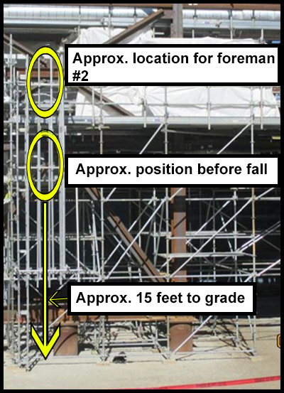 20 foot tall scaffolding platform surrounding construction. 
