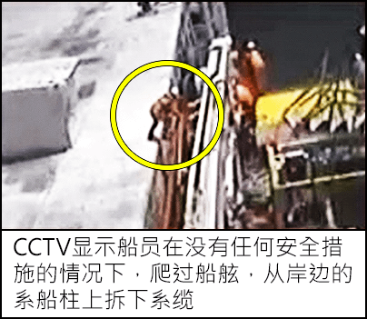 CCTV显示船员在没有任何安全措施的情况下，爬过船舷，从岸边的系船柱上拆下系缆