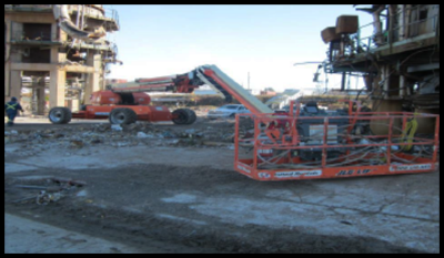 The aerial worker on a construction site with the basket on the ground. 