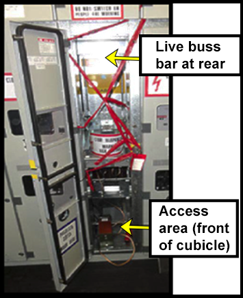 The back panel removed from a cubicle to expose the live buss bar inside.