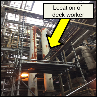 An arrow pointing to the location of the deck worker, stood at the top of the scaffolding. 