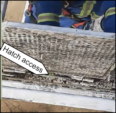 Hatch access area where slip die fell through 