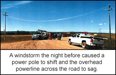 A windstorm the night before caused a power pole to shift and the overhead powerline across the road to sag 