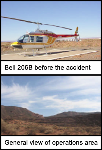 The Bell 206B before the accident without any damage. A view of the operations area with inaccessible hills and canyons. 