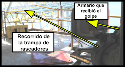 Una puerta abierta de la trampa de rascador y una flecha amarilla que indica la dirección en la que viajó la puerta a través de la cubierta.