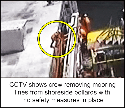 CCTV shows crew removing mooring lines from shoreside bollards with no safety measures in place