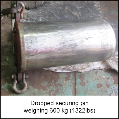 Dropped securing pin weighing 600kg (1322lbs)