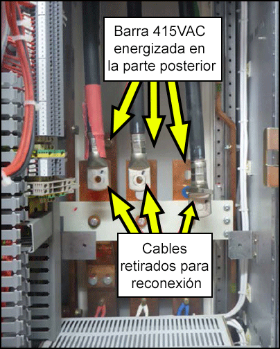 Un conjunto de tres barras conductoras energizadas colocadas detrás de los cables principales.