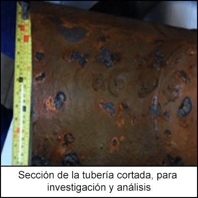 Sección de la tubería cortada, para investigación y análisis 