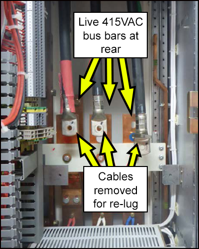 Live 415VAC bus bars at rear and cables removed for re-lug