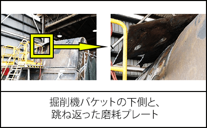 掘削機バケットの下側と、跳ね返った磨耗プレート