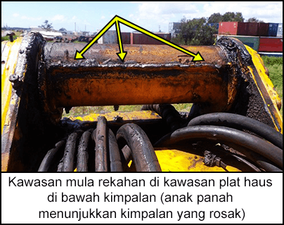 Kawasan mula rekahan di kawasan plat haus di bawah kimpalan (anak panah menunjukkan kimpalan yang rosak)