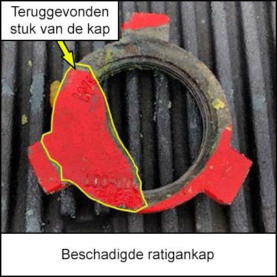 Beschadigde ratigankap met het teruggevonden stuk