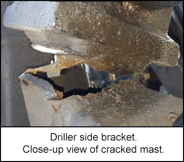 Driller side bracket. Close-up view of cracked mast. 