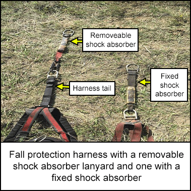 Fall protection harness with a removable shock absorber lanyard and one with a fixed shock absorber 