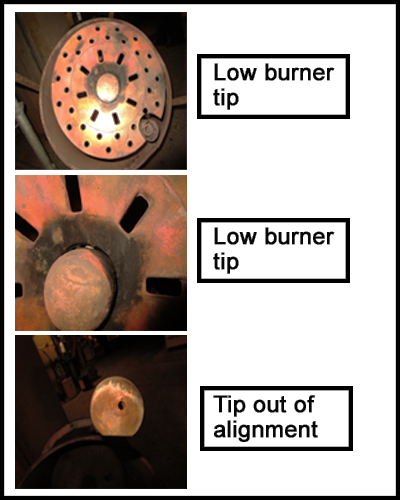 A close up of the low burner tip and a tip out of alignment 