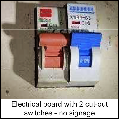 An electric board with two cut-out switches. There is no signage on the board. 