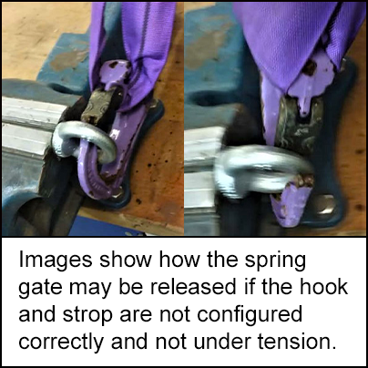 Images show how the spring gate may be released if the hook and strop are not configured correctly and not under tension 