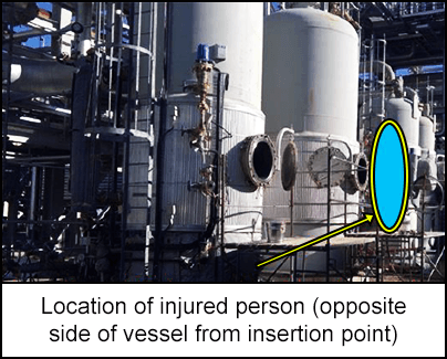 Location of injured person (opposite side of vessel from insertion point)