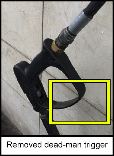 A high-pressure washing lance with a removed dead-man trigger. 