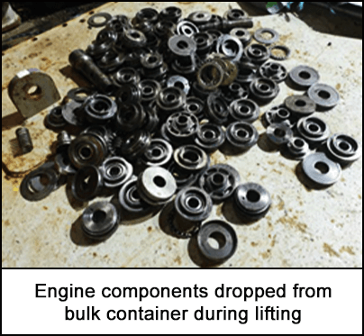 Engine components dropped from bulk container during lifting