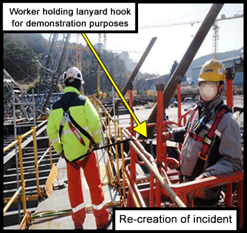 Two workers in protective clothing, one stood inside an aerial platform, one outside the platform tied to the basket. 