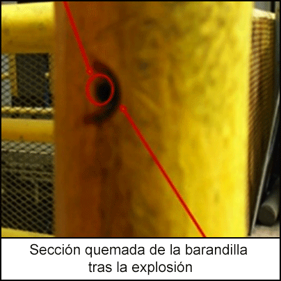 Sección quemada de la barandilla tras la explosión